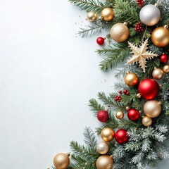 Concept photo of Happy New Year 2025 with Top View of Christmas Ornaments on White Background, Space for Text