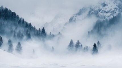 Misty Winter Landscape with Snow-Covered Mountains and a Forest of Fir Trees