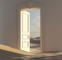 Door is open in a room with a sandy floor