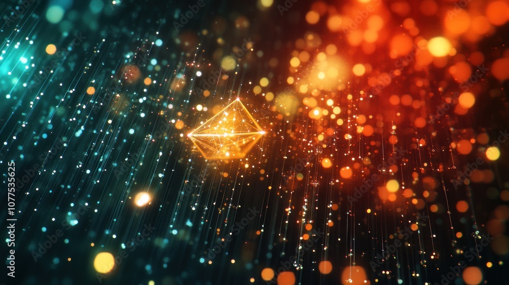 Poster abstract geometric shape with glowing lines and bokeh effect in a dark background.