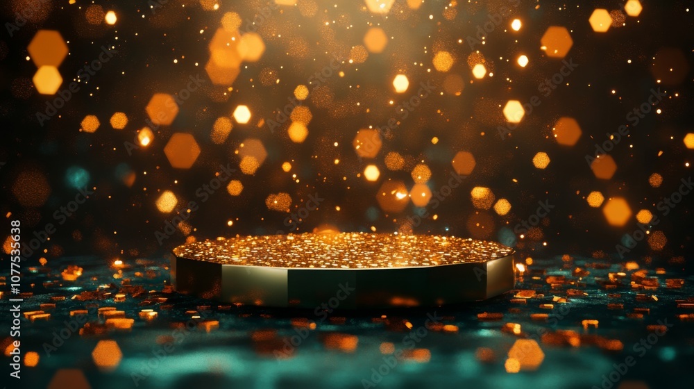 Poster Glittering particles in varying sizes hover above a reflective circular surface, creating a magical atmosphere. The warm golden tones enhance the enchanting nighttime ambiance, drawing attention.