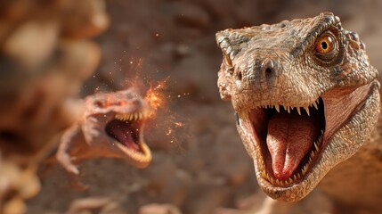 A dynamic scene of two dinosaurs in an intense confrontation, with one releasing fiery sparks, set...