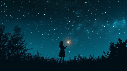 Obraz premium Silhouette of a young girl holding a light, standing in a field under a starry night sky.