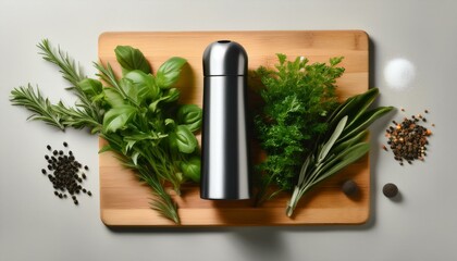 Fresh herbs & spices on a cutting board