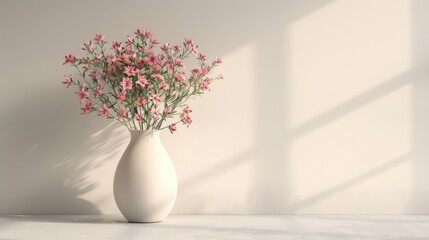 3D render of a sleek vase with flowers, in soft hues against a light background, ideal for minimalist and elegant decor