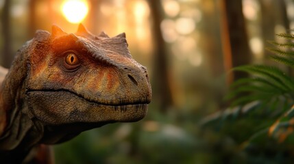 A serene dinosaur gazes calmly amid the lush vegetation of a sunlit forest, capturing a moment of...