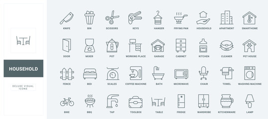 Domestic smart devices, home office furniture and machines thin black outline symbols vector illustration. Household equipment, kitchen tools for cooking and electric appliances line icons set.