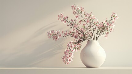3D render of a sleek vase with flowers, in soft hues against a light background, ideal for minimalist and elegant decor
