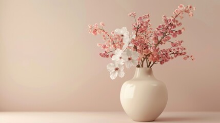 3D render of a sleek vase with flowers, in soft hues against a light background, ideal for minimalist and elegant decor