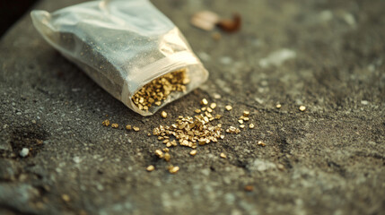 A small bag filled with tiny pieces of gold sits on a concrete surface.