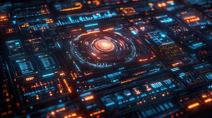 Obraz premium Futuristic digital interface with glowing orange and blue lights.