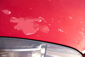 Red car with peeling clear coat and damaged paint close-up. Wear and deterioration on the...