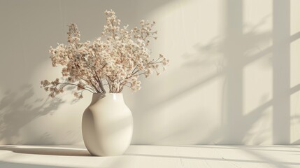 3D render of a sleek vase with flowers, in soft hues against a light background, ideal for minimalist and elegant decor