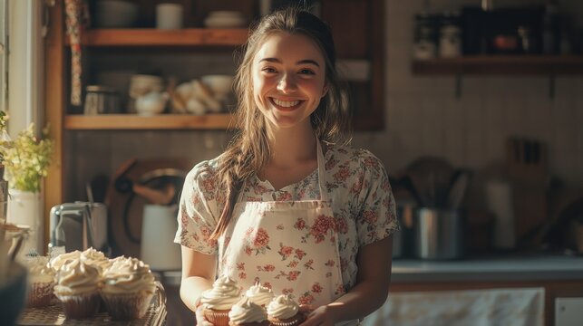 Smiling young woman in a cozy kitchen decorating cupcakes with frosting during a baking tutorial, wearing a floral apron, and surrounded by baking ingredients and utensils for a homestyle touch.