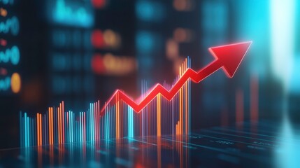 3D Bar Chart Depicting Financial Growth With Ascending Red Arrow, Illustrating Market Success and Trends. Generative AI