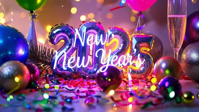 Vibrant New Year 2025 celebration with balloons, confetti, and festive decorations