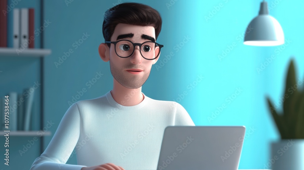Poster light-skinned man with glasses working at an office table with a laptop in a modern workspace settin