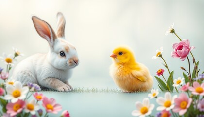 Adorable bunny and fluffy yellow chick sitting together among flowers, sweet spring scene
