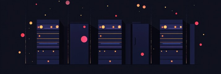 Blinking indicators on multiple servers stand out against a dark background, indicating active network status in a data center. Generative AI
