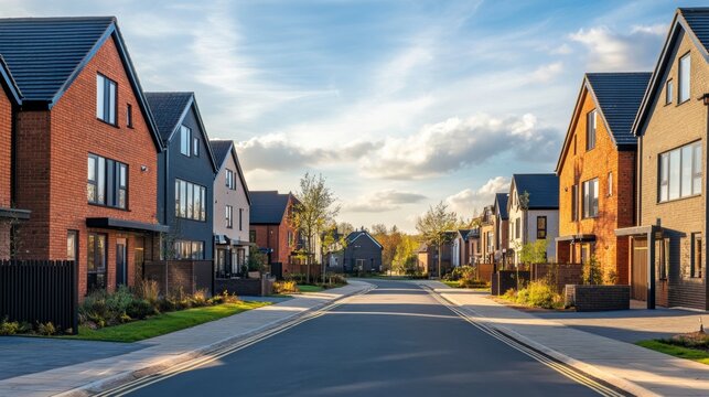 Daylight View of a New Build Residential Estate Featuring Modern Homes in the UK. Generative AI