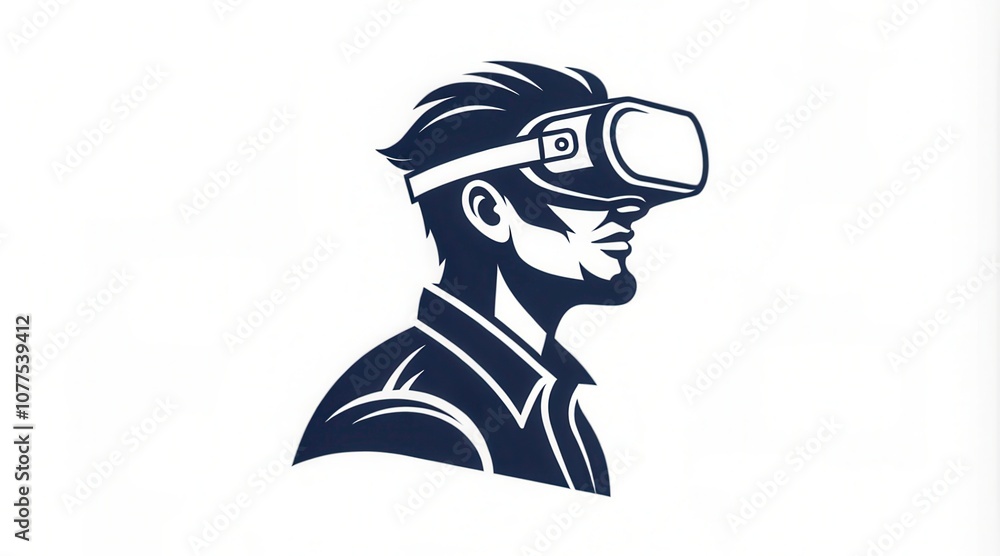 Poster virtual reality logo design featuring a profile of a man wearing a vr headset in simple style. gener