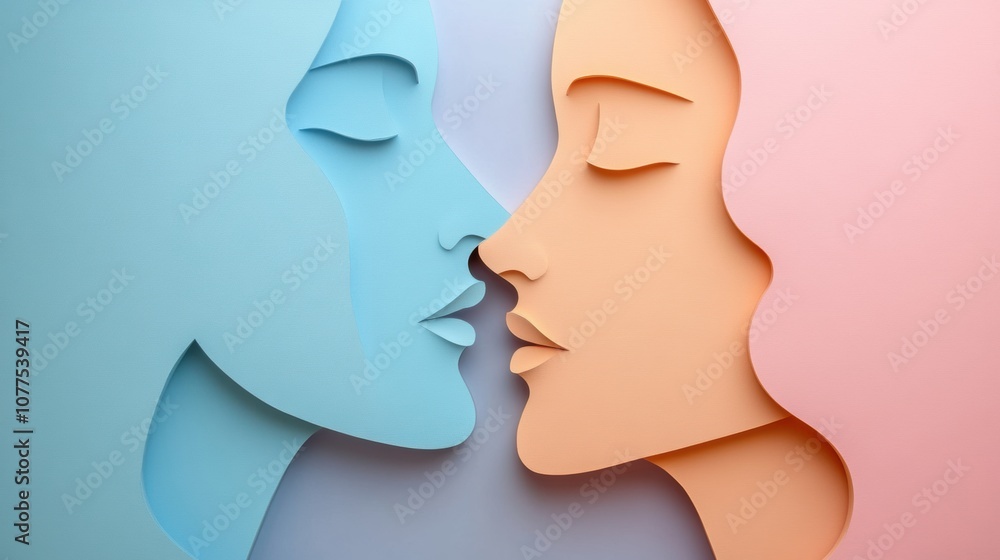 Poster two abstract silhouettes in soft pastel colors illustrate the themes of communication and empathy, b