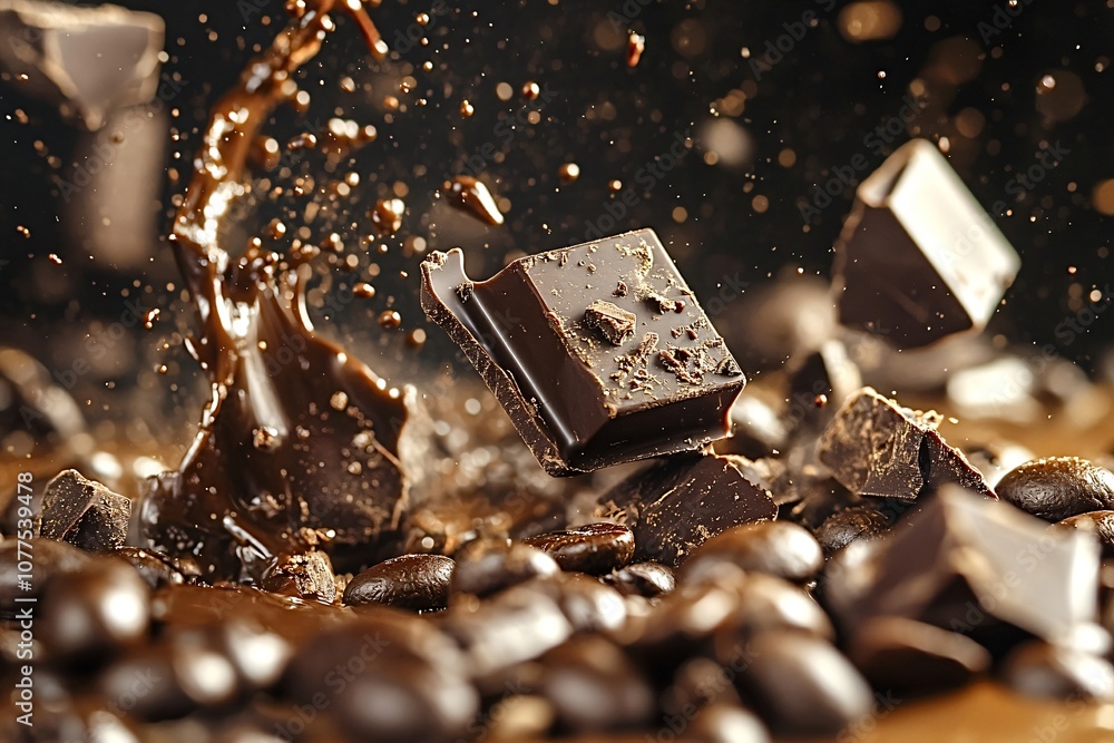 Aufkleber coffee beans and chocolate chunks are splashing with melted chocolate, creating a dynamic and delici