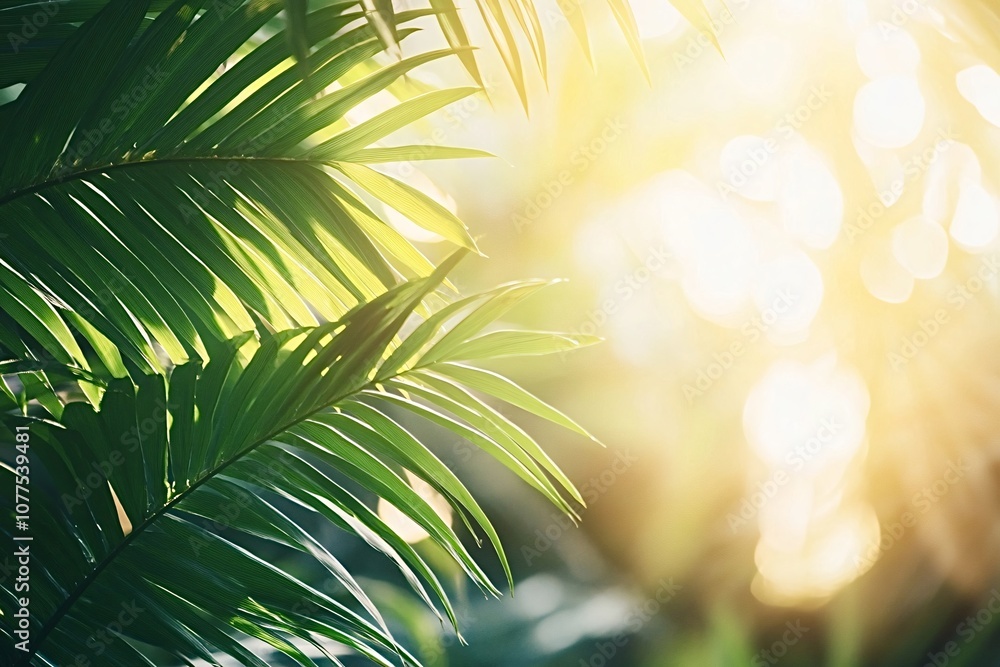 Poster sunlight filters through lush green palm leaves, creating a vibrant and serene tropical nature backg