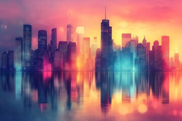 Fototapeta premium A vibrant cityscape skyline at sunset with colorful reflections in the water.