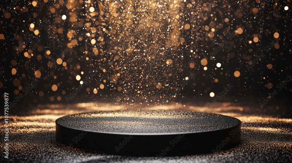 Poster Golden particles dance above a circular black platform, creating a captivating display of light and texture in a dimly lit environment, enhancing the mysterious atmosphere of the moment.