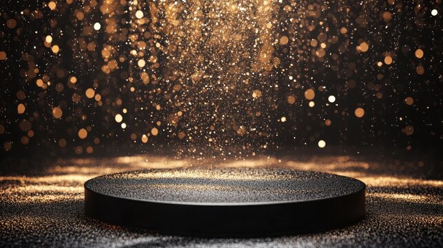 Golden particles dance above a circular black platform, creating a captivating display of light and texture in a dimly lit environment, enhancing the mysterious atmosphere of the moment.