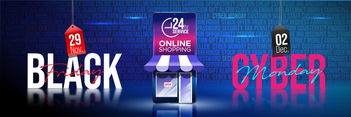 Black Friday, Cyber Monday Sale Online shopping concept banner illustration vector