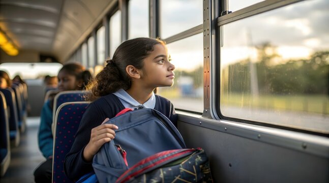 Young Girl Gazing out the Window of a School Bus During a Late Afternoon Commute. Generative AI
