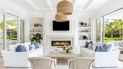 A bright, modern living room featuring white sofas, a fireplace, and lush greenery outside.