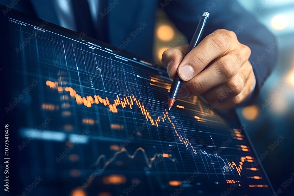 Poster businessman using a pen to analyze a declining financial chart displayed on a digital screen, repres