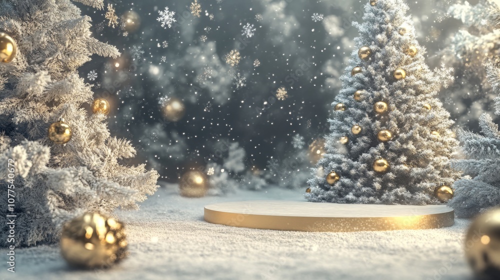 Aufkleber Snow-covered trees adorned with golden ornaments create a magical atmosphere. Soft snowfall enhances the serene setting, ideal for celebrating the joy of the winter holidays.