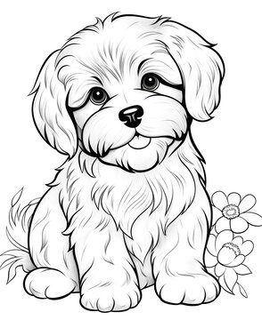 recommend clip art: Adorable Havanese Puppy Coloring Page for Kids with Flowers
