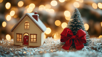 A tiny house model sits next to a toy Christmas tree, all decorated with a red bow.  The background shimmers with twinkling lights.