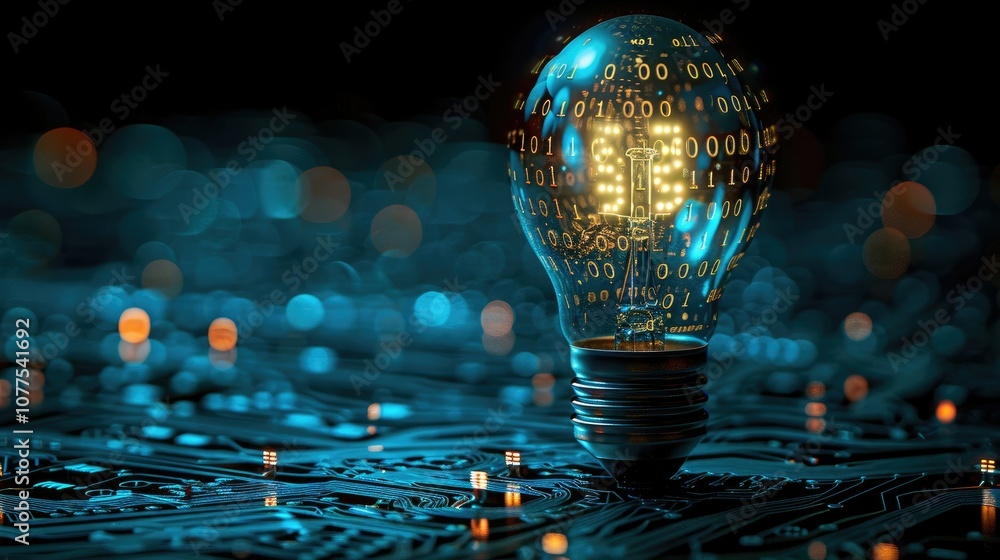 Aufkleber a glowing lightbulb with binary code inside stands on a circuit board, representing digital innovati