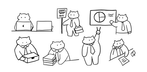 Office Cats: Cute Hand-Drawn Set | Minimalist Doodle Vector for Work and Cat-Themed Designs