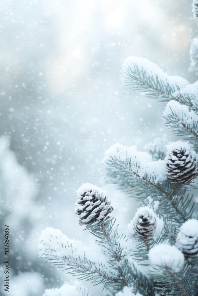 Poster pine cones nestled on a snowy tree branch, creating a serene winter scene with a touch of natural be