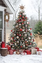 A beautifully decorated Christmas tree with a shining star on top, surrounded by colorful presents, embodying festive cheer.
