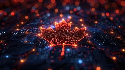 A glowing red maple leaf, the symbol of Canada, is digitally rendered on a circuit board, representing technological innovation and advancement in the country.