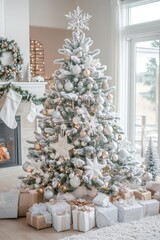 A festive Christmas tree adorned with ornaments, surrounded by wrapped gifts, glowing warmly in holiday cheer.