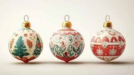 Three festive Christmas ornaments on a pristine white background, showcasing elegant holiday decor.
