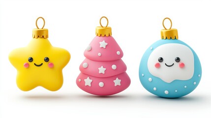 Festive Christmas ornaments with smiling faces and stars on a white backdrop, evoking holiday cheer and whimsy.