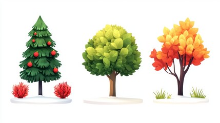 Obraz premium A vibrant set of four trees in varying colors and sizes, showcasing natures diversity against a clear sky.