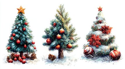 Three festive Christmas trees adorned with colorful ornaments and twinkling lights, lined up in a cheerful holiday display.