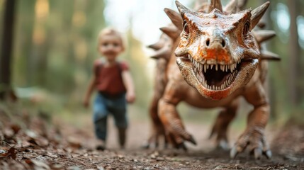 A child runs side by side with a dinosaur along a forest path, portraying an adventurous spirit and...