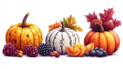 Three pumpkins surrounded by grapes and assorted fruits on a crisp white background, evoking a festive autumn harvest theme.